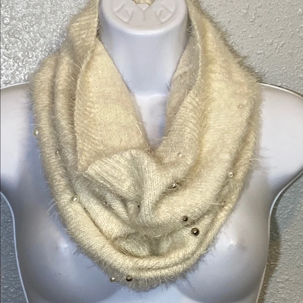 Betsey Johnson Cream Knit Infinity Scarf with Pearl and silver beads